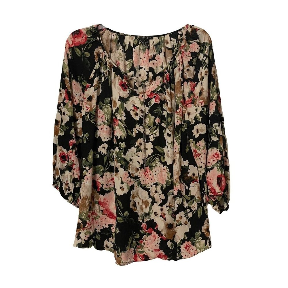 Sami & Jo Blouse Womens Plus Size 2X Black Floral Multicolor Chiffon Peasant Top